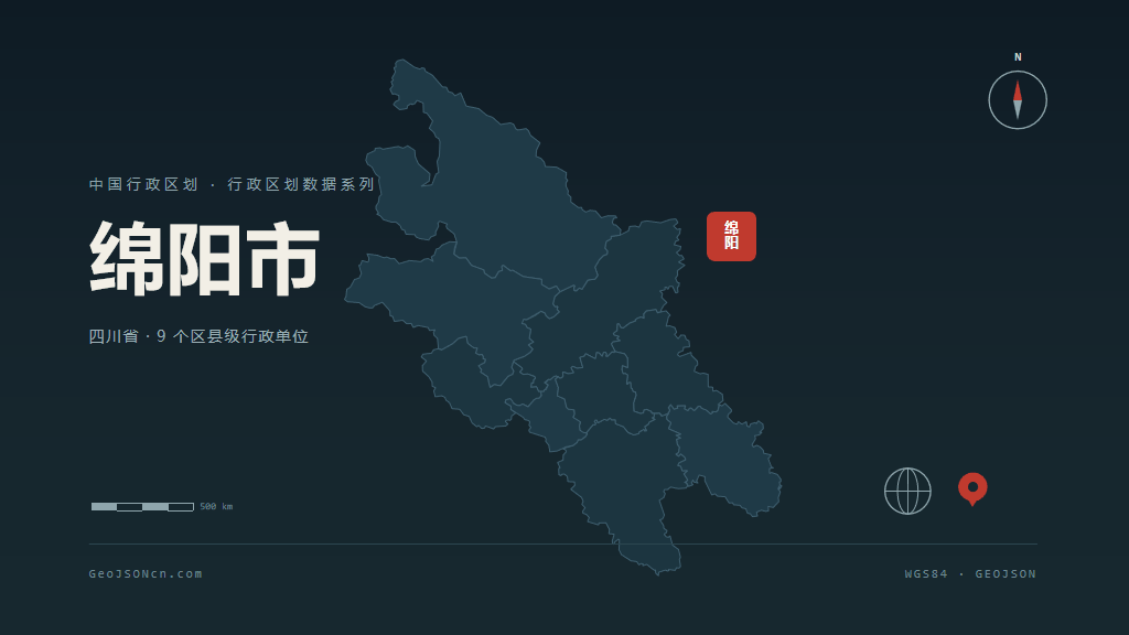 绵阳市矢量地图PPT模板预览（行政区划代码 510700）